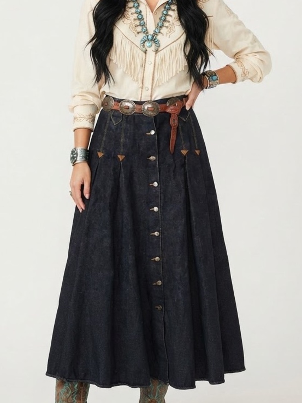 Vintage Old El Paso Western Outfitters Co Dark Wash Denim Suede Maxi Skirt 8 EUC